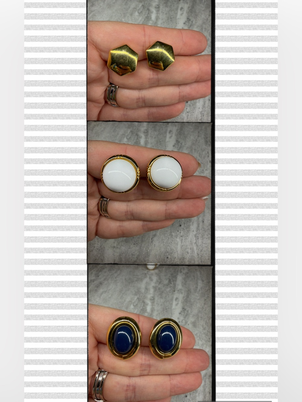 Vintage Monet Comfort Clip Earrings Set Of 3 Gold Tone Blue White Jewelry Lot